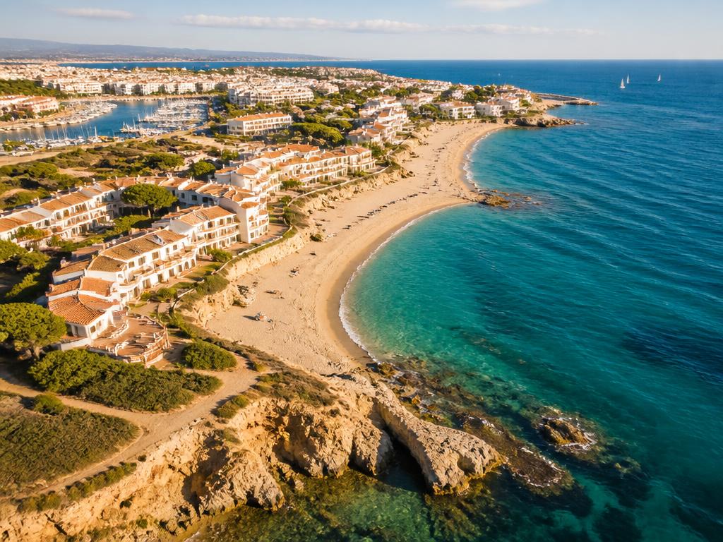 Aerial view of Cap d'Agde naturist village and Mediterranean coast