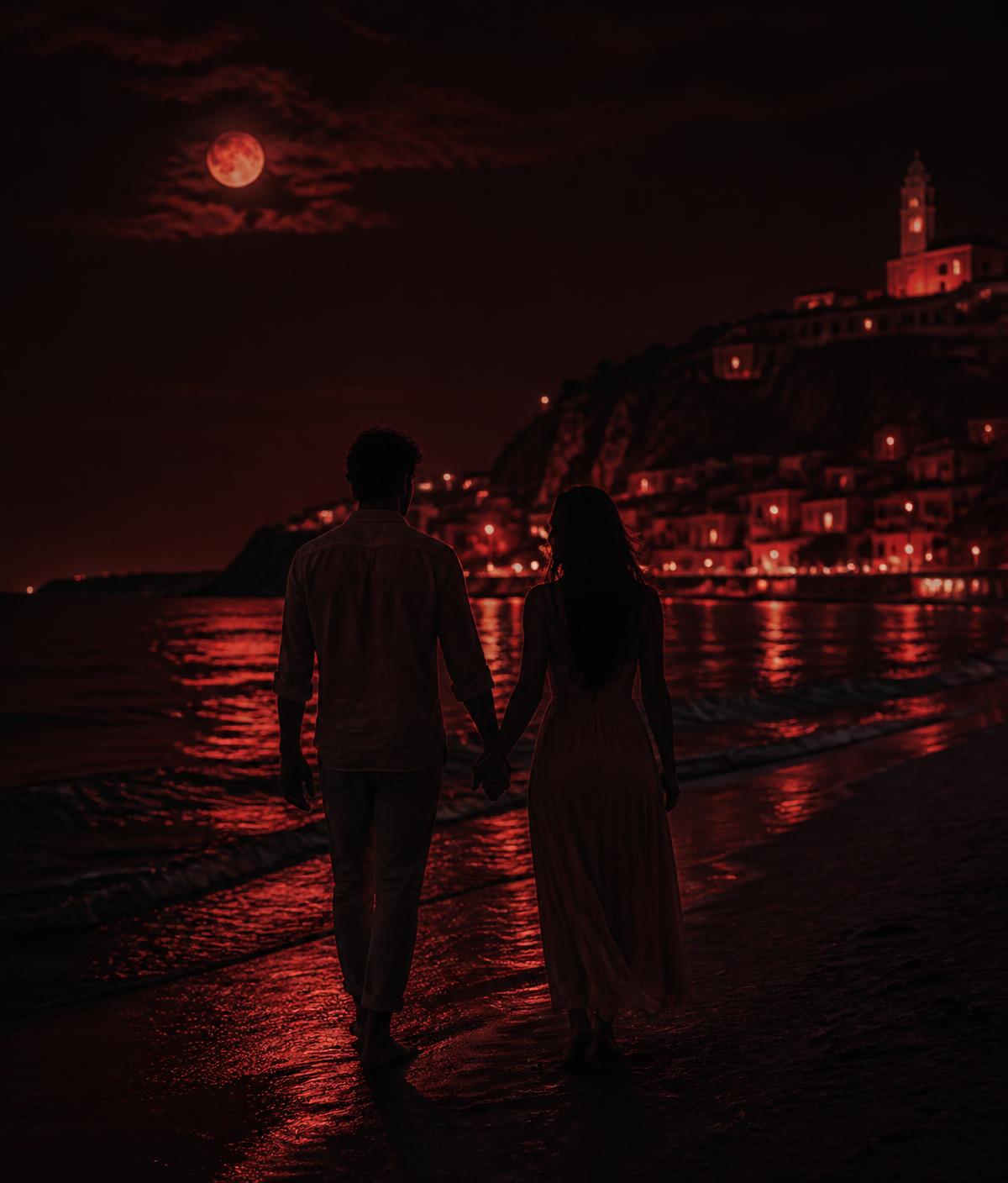 Couple walking hand in hand along a moonlit beach