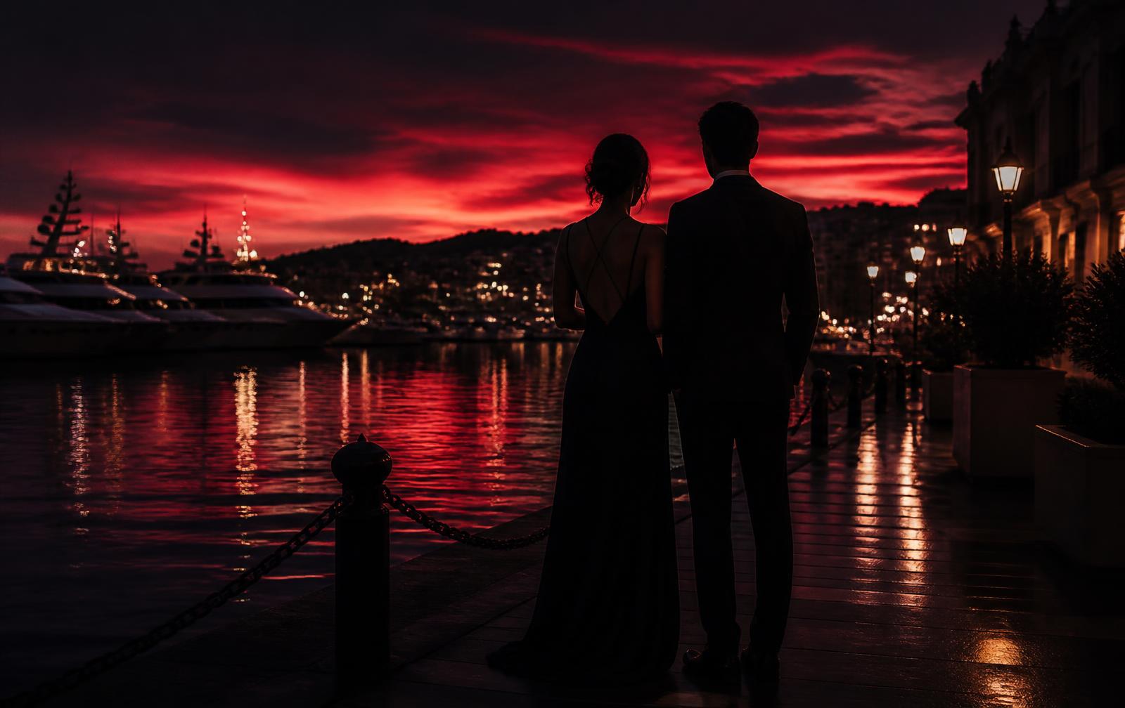 Couple walking a marina boardwalk at twilight