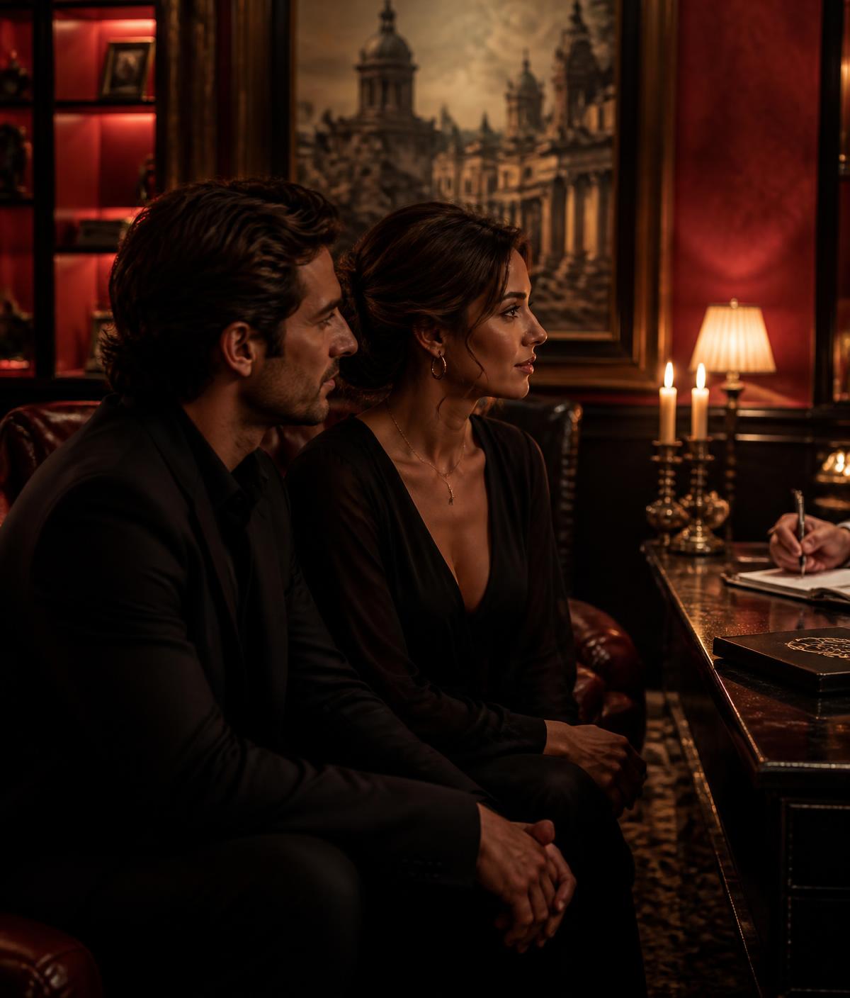 Elegant couple in a candlelit private consultation room with crimson and black tones