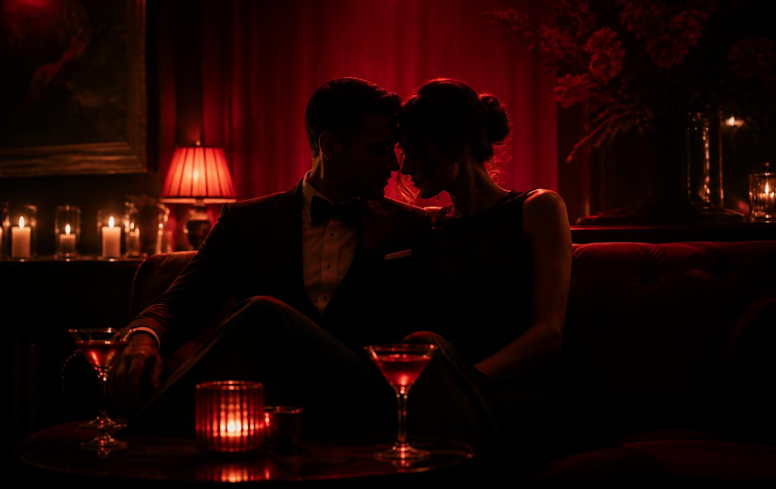 Elegantly dressed couple sharing a quiet moment in a candlelit crimson lounge